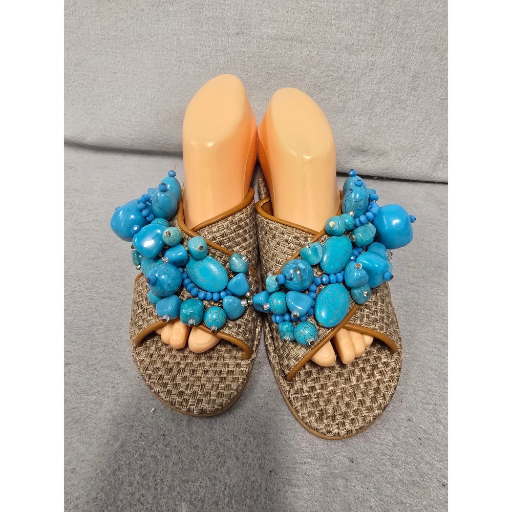 Elina Linardaki Womens Turquoise Beaded Woven Slides Flat Sandals  Size 7